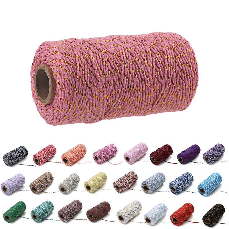 1 Roll 2mm 109 Yard Colourful Cotton Cord Bakers Twine DIY Crafts Gift Wrapping Christmas Wedding Home Decor String Rope (Gold Wire+Pink) Gold Wire+pink