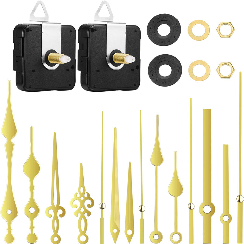 2 Pieces High Torque Long Shaft Clock Movement Mechanism with 5 Different Pairs of Hands Clock Repair Parts Replacement Gold