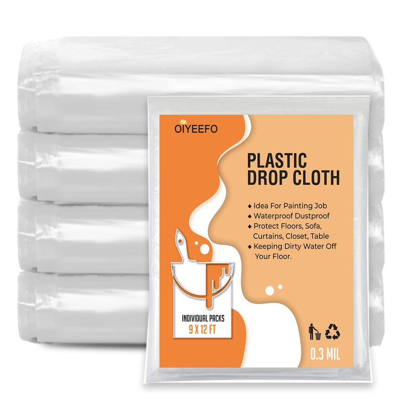 Clear Plastic Sheeting Drop Cloths for Painting, 5 Pcs 9x12ft Plastic Tarp Waterproof Dustproof Almost Tear Resistance Multi-Purpose Furniture Cover Floor Wall Protection Film White