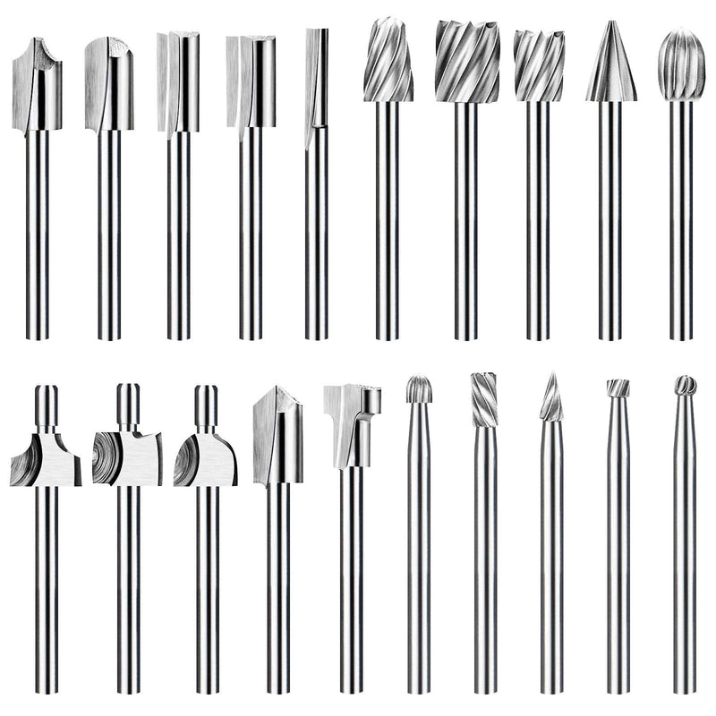 Wood Carving Bits Router Carbide Engraving Bits for Dremel, 20Pc HSS Router Bit Set with 1/8"(3mm) Shank for Rotary Tools for DIY Woodworking, Carving, Engraving, Drilling, Sculpting