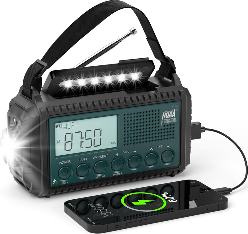 NOAA Emergency Weather Radio with Auto Alerts, 5000mAh Solar Hand Crank AM/FM/SW Shortwave Radio with Flashlight, Reading Lamp, Phone Charger, SOS Alarm, Survival Gear, Time Clock & Large LCD Display Blue LCD 5000mAh