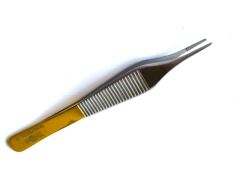 T/C Adson Plastic Surgery Forceps 4.75" Straight Fine Point with Tungsten Carbide Inserts Surgical Veterinary Instruments with Gold Handle (Serrated Tips, Adson Dressing Forceps, TC)