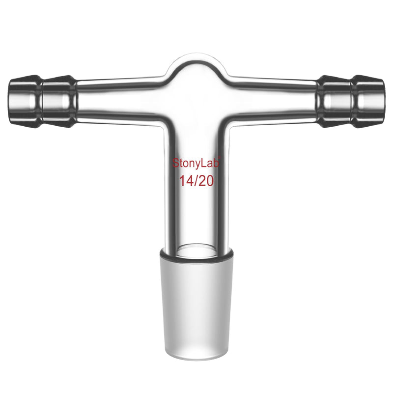 stonylab Glass Dual Hose Inlet Adapter, Borosilicate Glass T-Shape Vacuum/Inert Gas Adapter with Dual 3/8 inch Hose Connections and 14/20 Inner Joint 14/20 Joint