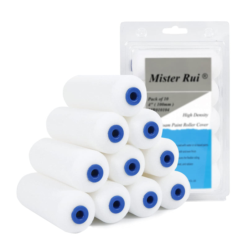 Mister Rui Foam Paint Roller, 10 Pack 4 Inch Small Paint Roller Covers, High Density Foam Paint Roller, Mini Rollers for Painting Walls, Cabinets, Cupboards, Doors 10 Pcs 4" Double-rounded