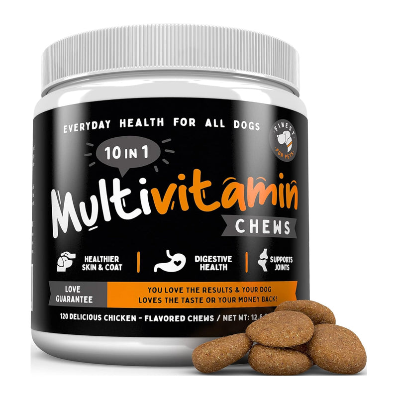 Dog Multivitamin Chewable Treats - Pet Vitamins and Supplement, 10-in-1 Multivitamin for Dogs, Supports Joints, Hip, Bowel, Muscle Health, with Glucosamine and Omega Fish Oil (120 Chews) - PawsPlanet Australia