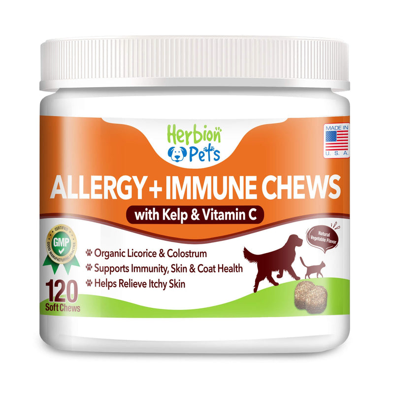 Herbion Pets Allergy + Immune Chews with Kelp & Vitamin C, 120 Soft Chews - Supports Immunity, Skin and Coat Health - Relieves Itchy Skin - Made in USA - Natural Vegetable Flavor - for Dogs 12 Weeks+ - PawsPlanet Australia