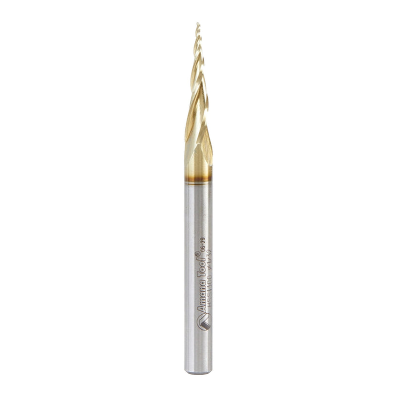 Amana Tool CNC 2D and 3D Carving Ball Nose Tapered Angle Router Bit (HSS), ZrN Coated, HSS1300, 6.2 Deg 1/32 D x 1/64 R x 1 x 1/4 Shk x 3 Inch L x 3 F
