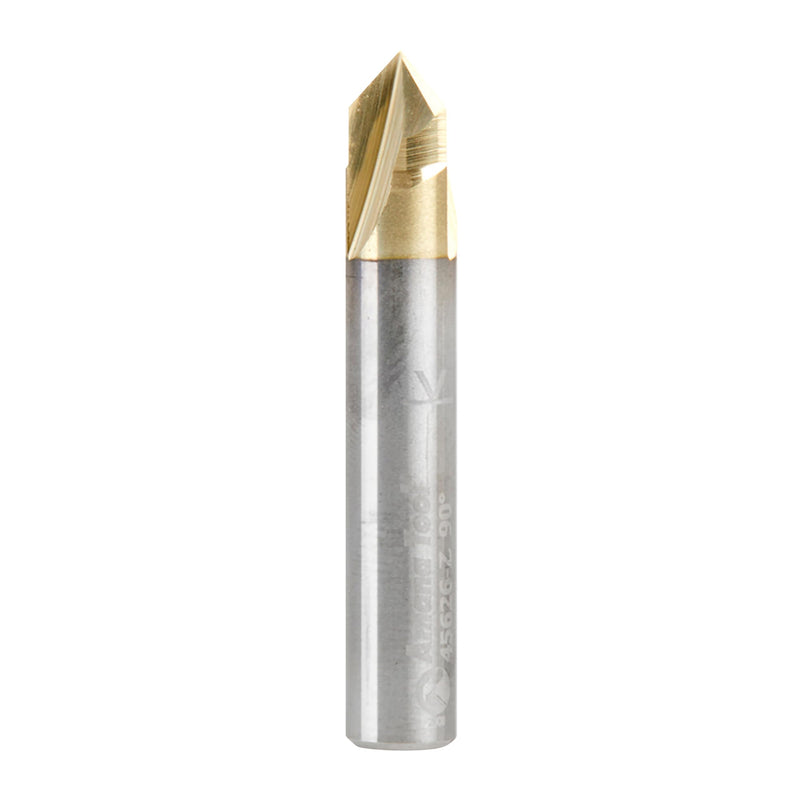 Amana Tool 45626-Z Zero-Point Solid Carbide V Groove 90 Deg x 1/4 D x 1/4 CH x 1/4 Inch SHK ZrN Coated 3 Flute Router Bit