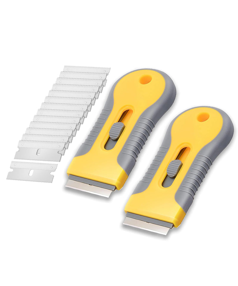 Bates- Razor Blade Scraper, 2 Pack, Razor Scraper Set with 30 Extra Blades, Razor Scraper, Window Scraper, Scraper Tool, Glass Scraper, Scraper Blades, Blade Scraper, Razor Blade Retractable. Yellow and Gray