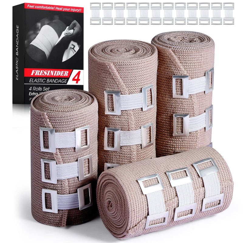 Elastic Bandage Wrap 4 Pack(2 X 3 + 2 X 4 Wide Rolls) + 24 Clips | Stretch Compression Bandage Stretches up to 15ft | Ideal for Medical, Sports, Sprains, Calf, Ankle & Foot 4 Count (Pack of 1)