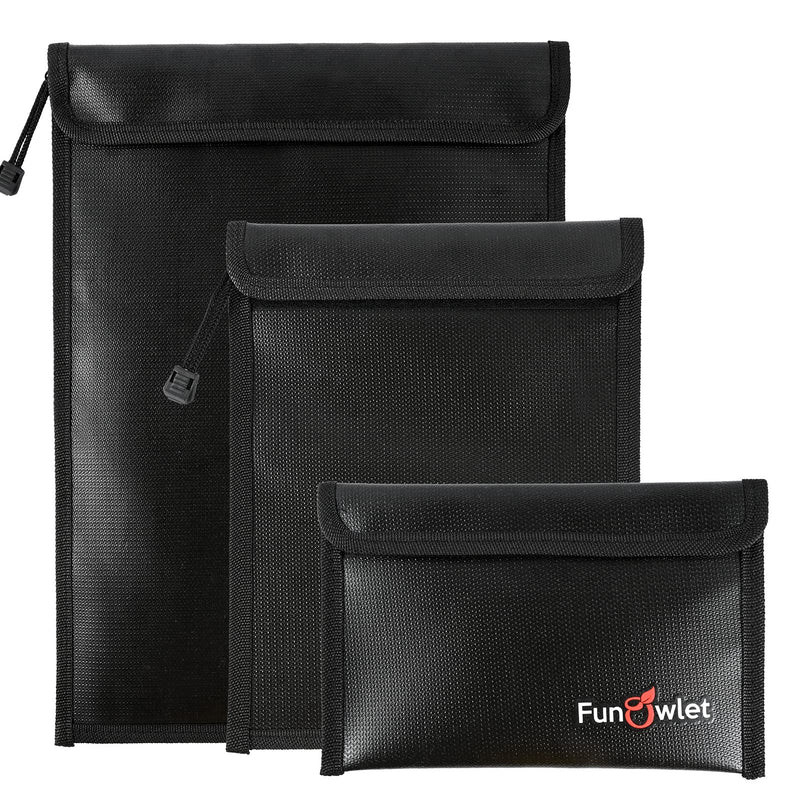 FunOwlet Fireproof Waterproof Document Bag – 3 Pack Fire and Water Resistant Zipper Storage Organizer & Money Safe Pouch Set for Important Papers, Cash, Passports, Jewelry & Electronics (Black) Black
