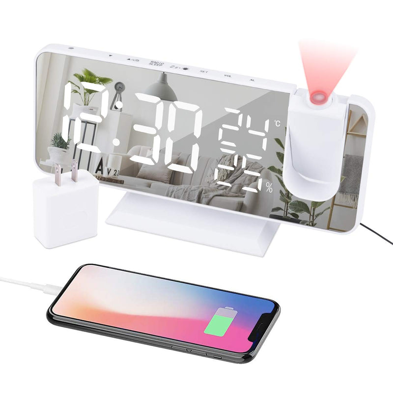 Projection Alarm Clock for Bedroom Ceiling Digital Clock Radio with USB Charger Ports, 7.3" Large LED Screen, 4 Dimmer, Dual Alarm Clock with 2 Sounds, Snooze, White