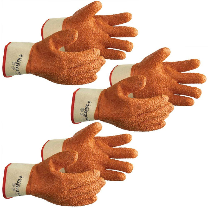 J. J. Keller & Associates, Inc. SAFEGEAR PVC Vinyl Work Gloves, 3 Pairs - EN388 Cut-Resistant Orange Textured Gloves Extra-Large