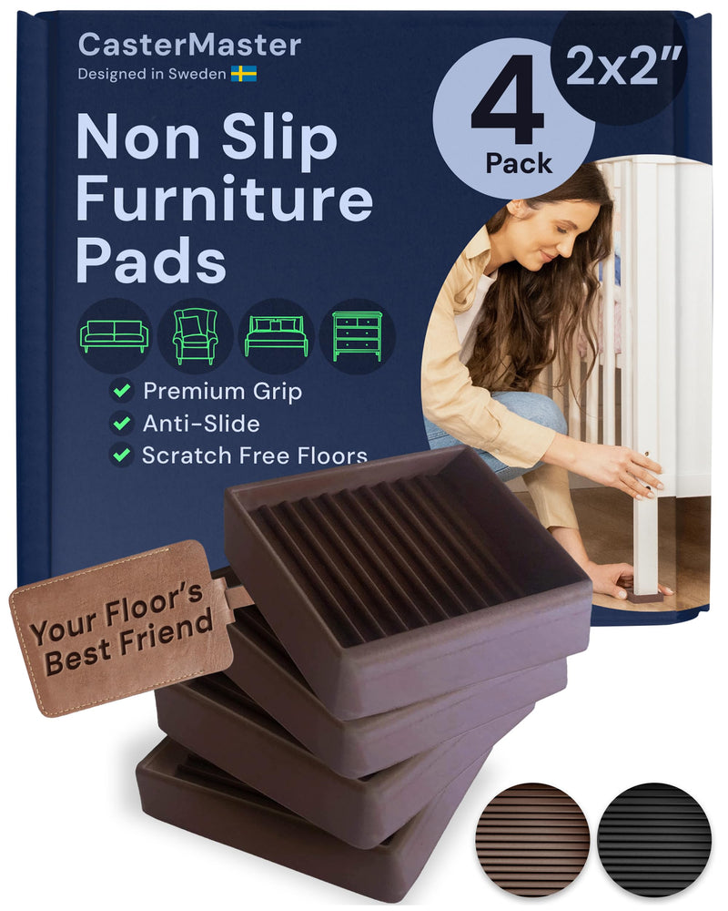 CasterMaster Non-Slip Furniture Pads Square Rubber Anti-Skid Caster Cups, Leg Coasters - Anti-Sliding Floor Protectors for Furniture (Brown, 2'' x 2'' - 4 Pack) Brown - NewNest Australia