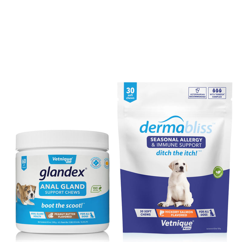Dermabliss Allergy Chews 30ct and Glandex Anal Gland Support Chews 60ct Bundle Dog Vitamins & Supplements, Anal Gland Dog Treats with Probiotics, Dog Allergies Skin Treatment Soft Chew - PawsPlanet Australia