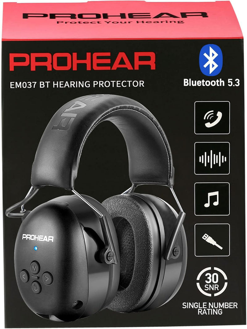 PROHEAR 037 Bluetooth 5.3 Hearing Protection Headphones with Rechargeable 1500mAh Battery, 30dB SNR Safety Noise Reduction Ear Muffs 120H Playtime for Mowing, Workshops, Snowblowing - Black 037black