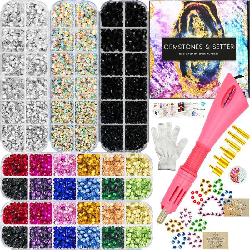Hot Fix Applicator Tool Kit with 8500 Rhinestones for Blinging Clothes, Fabric, Clothing, Leather, Hotfix Bedazzler Kit with 6 Tips, Stand, Gift Box, Manual, Glove, Stencils, Tray, Tweezers, Picker Hotfix tool + 8500 hotfix gems + Box