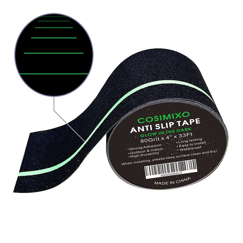 COSIMIXO 4" x 33FT Anti Slip Tape with Glow in The Dark Stripe,Premium Grip Tape Non Slip Stair Treads Tape,Non Skid Tape, High Traction Adhesive for Stairs Step Black/Green 4Inch x 33Ft