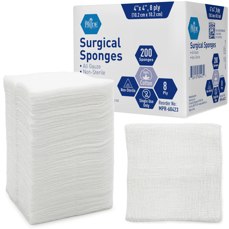 MED PRIDE Surgical Sponges 200 Pack 4'' x 4'', 8 ply -Gauze Pads Non sterile -First Aid Wound Care Dressing Sponge Woven Medical Nonstick, Non Adherent Mesh Scrubbing Bandages Disposable, Absorbent 200 Count (Pack of 1)