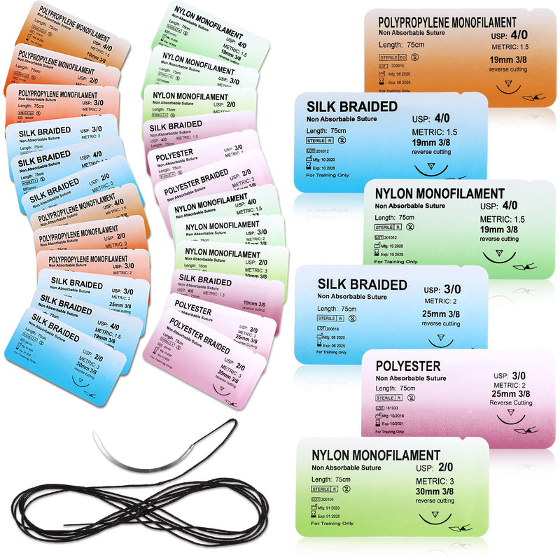 WILLBOND Suture Practice Kit Suture Thread with Needle Suture Training Assorted 2/0, 3/0, 4/0 Military Tactical Drill Camping Survival Demo Education Travel Safety for Nursing Surgical Student