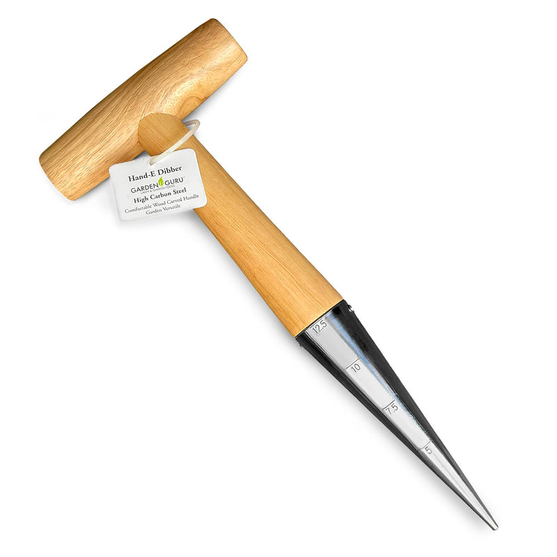 Garden Guru Steel Dibber Planter Tool for Planting Seeds & Bulbs - High Carbon Steel & Comfortable Wood Carved Handle - for Consistent Planting Flowers Tulips, Daffodils, Dahlias 1 Pack