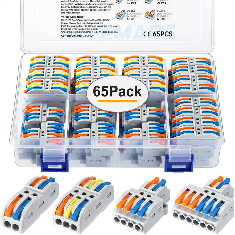 GKEEMARS 65 Pcs Compact Splicing Wire Connectors Assortment Pack, Quick Wiring Connector for AWG 28-12