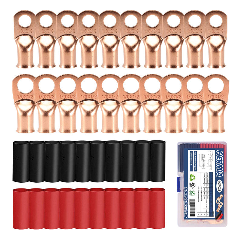 HerMia 20 Pack UL Heavy Duty Wire Lugs 1/0 AWG-1/2'', 1/0 AWG-3/8'' Tubular Ring Terminals Connectors Battery Cable Ends, Bare Copper Eyelets with 3:1 Dual Wall Adhesive Heat Shrink 1/0 AWG KIT