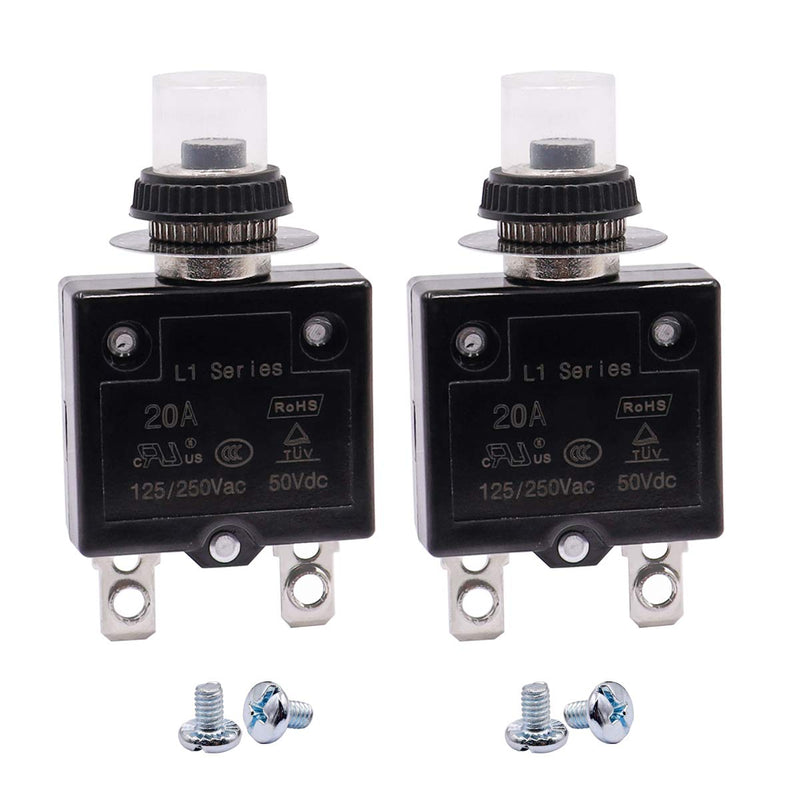 mxuteuk 2Pcs 20Amp Circuit Breakers Push Button Manual Reset 125/250V AC 50V DC, L1 Series Overload Protector Switch Thermal Circuit Breakers with Waterproof Button Caps L1-ls-20A 20A