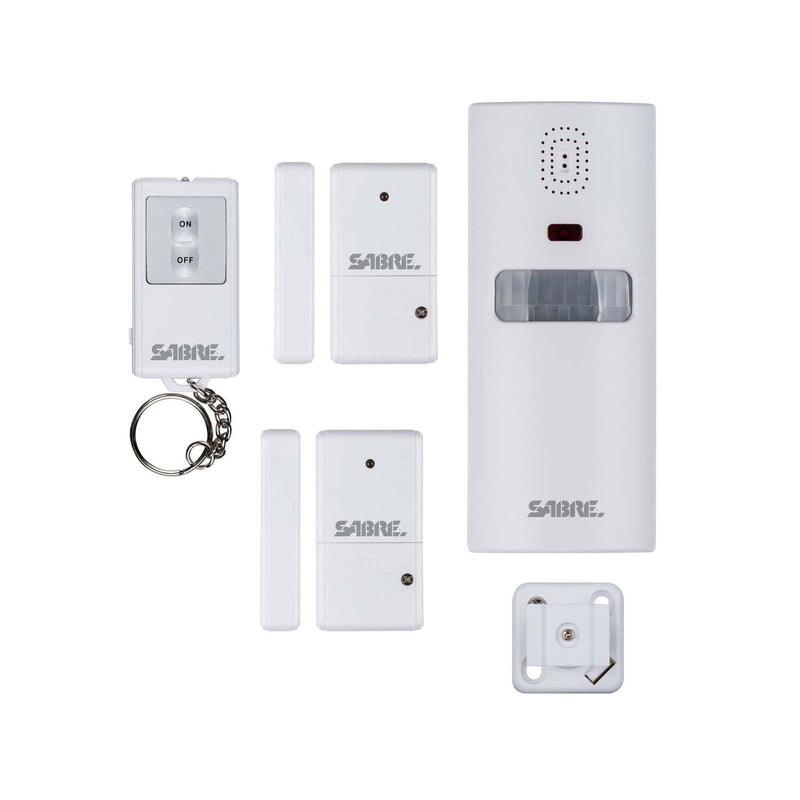 Sabre Home Security System with Remote, 125dB Alarm, Audible Up to 850 Feet (259 Meters), Wireless, Comes with 1 Motion Sensor Alarm, 2 Door or Window Alarms and 1 Remote Key Fob, Home and Away Modes