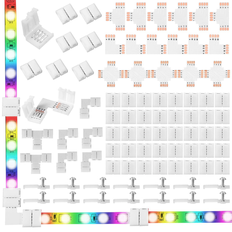 Mudder 95 Pieces 4 Pin LED Light Strip Connectors Set Including Screw Clips, 4 Pin LED Connectors, Cuttable T, L and X Shape PCB Board for SMD 5050 10 mm RGB Strip Lights Gapless Connector