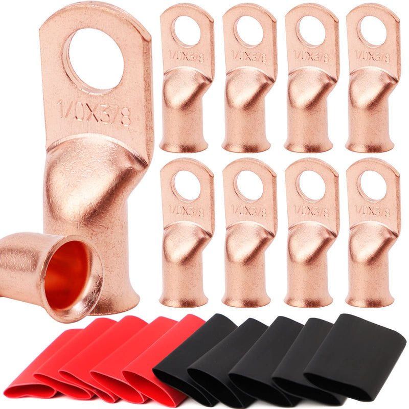 TKDMR 10pcs 1/0 AWG-3/8 Battery Lugs,Heavy Duty Wire Lugs,Ring Terminals,Battery Cable Ends,0 Guage terminals,Battery Terminal Connectors with 10pcs 3:1 Heat Shrink Tubing 1/0 Awg - 3/8" (M10) Ring 10