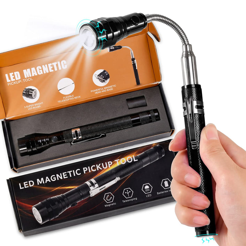 Magnetic Flashlight Gifts for Men Stocking Stuffers for Men Adults Pickup Tool Valentines Day Gifts for Him Husband Cool Telescoping Gadgets with LED Fathers Day Dad Gifts from Wife Daughter Son Black
