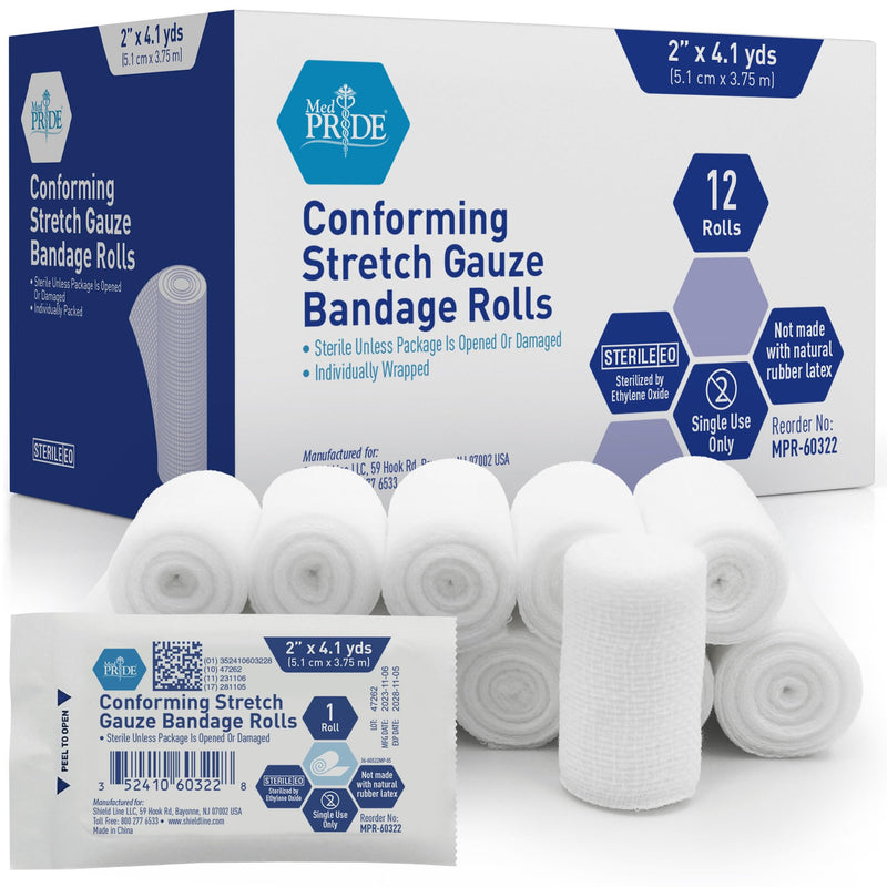 MED PRIDE Conforming Stretch Gauze Bandages 12 Rolls 2'' x 4.1 Yards | Sterile Latex Free First Aid Pads | Wound Care Rolled Dressing Wrap | Medical Non-Adherent Mesh Bandages 2x147.6 Inch (Pack of 12)