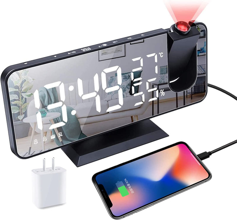 Projection Alarm Clock for Bedrooms Ceiling, Digital Clock Radio with USB Charger Port, Temperature & Humidity Display, 7.3” Large LED Display,12/24H,Snooze,Dual Loud Clock- 4 Dimmer Black