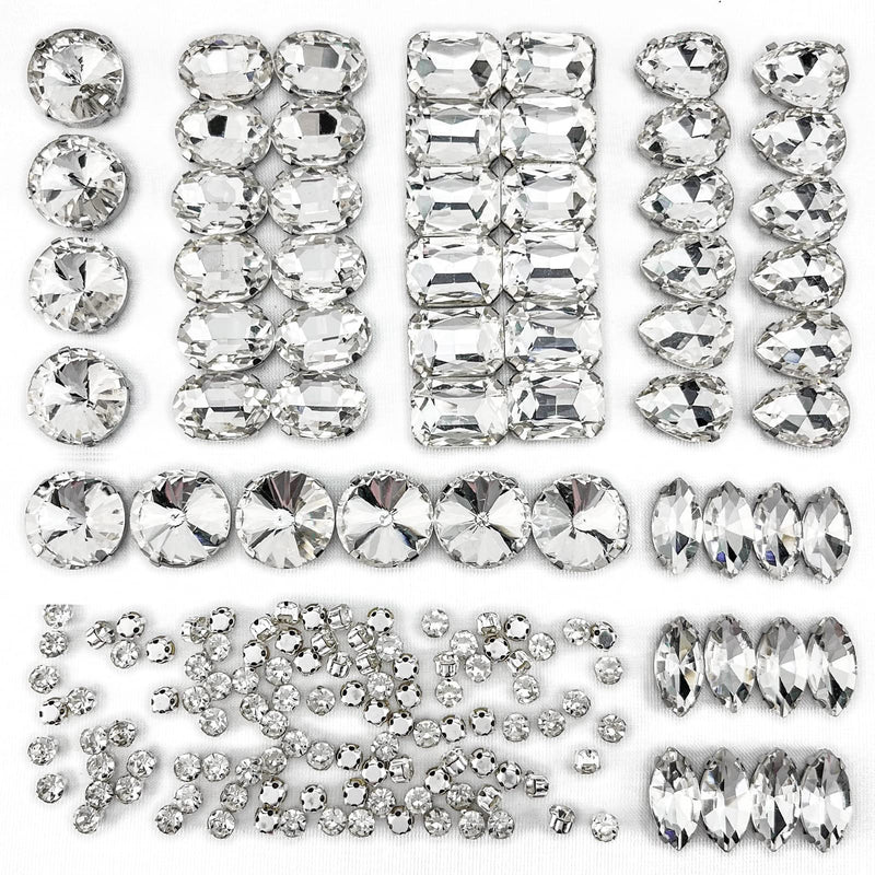 160PCS Glass Sew on Rhinestones, Flactback Sew On Claw Crystals for Crafts Costume Clothes Jewelry (Crystal Clear/White, Mixed Shapes) Crystal Clear
