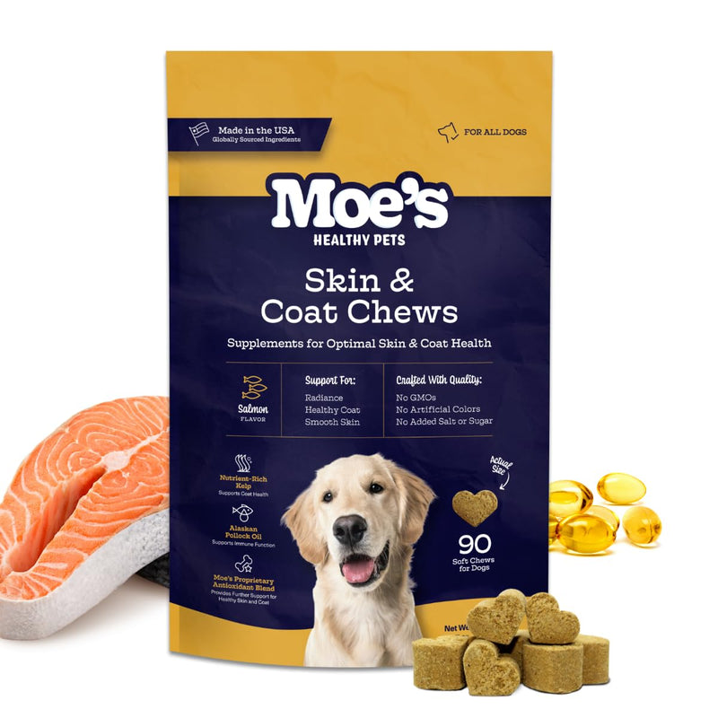 Moe’s Skin & Coat Omega 3, 6, 9 and Vitamin Supplement for Dogs- Supports Dryness, Itch Relief, & Thick, Shiny Coats- Premium Wild Alaskan Salmon Oil- For All Ages and Breeds- 90 Salmon Flavored Chews - PawsPlanet Australia