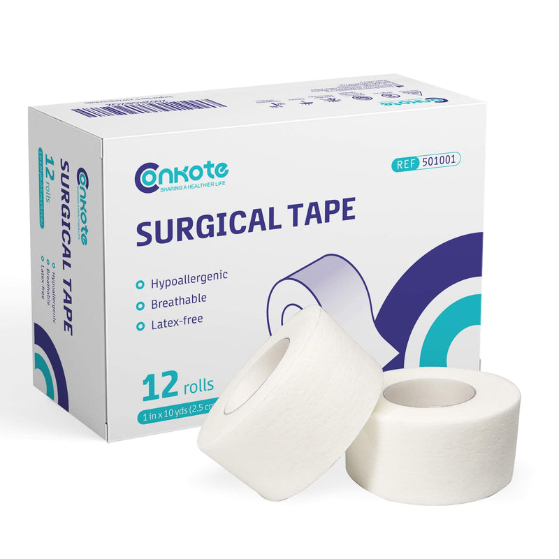 Conkote Soft Paper Surgical Tape 1" x 10 Yards, Gentle Adhesion and Hypoallergenic, 12 Rolls White