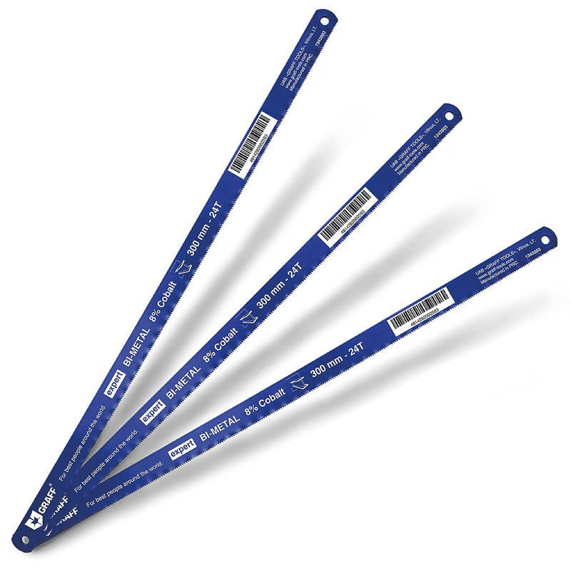 GRAFF 8% Cobalt Premium Hacksaw Blades 12 Inch for Stainless Steel and Metal Cutting 24 tpi - Handsaw Blades Replacement Bi-Metal Bi-metal 8% Cobalt