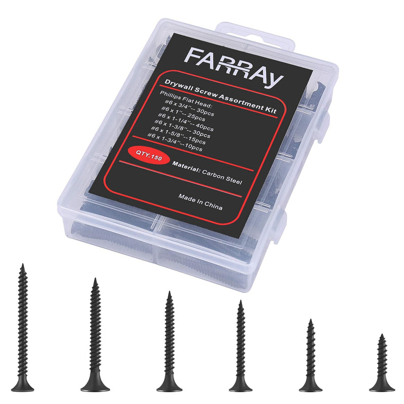 FARRAY #6 Drywall Screws, 150pcs Phillips Wood Screws Assortment Kit, Carbon Steel Black Self Tapping Screws, Screw Set for Drywall Sheetrock, Furniture