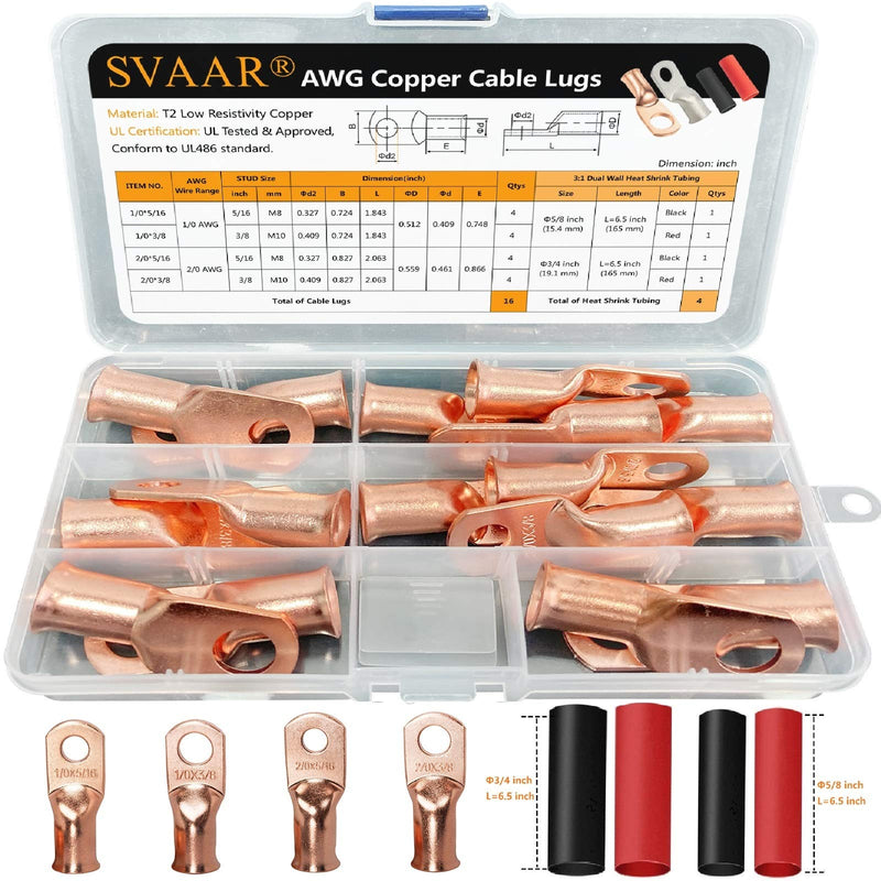 SVAAR 20pcs Battery Cable Ends Kit 1/0 AWG 2/0 AWG Copper Lugs 0 Gauge 00 Gauge Battery Cable Lugs with 3/8" and 5/16" Stud Heavy Duty Wire lugs Ring Terminal Connectors with 3:1 Heat Shrink Tube 00 Gauge 0 Gauge Bare Pure Copper
