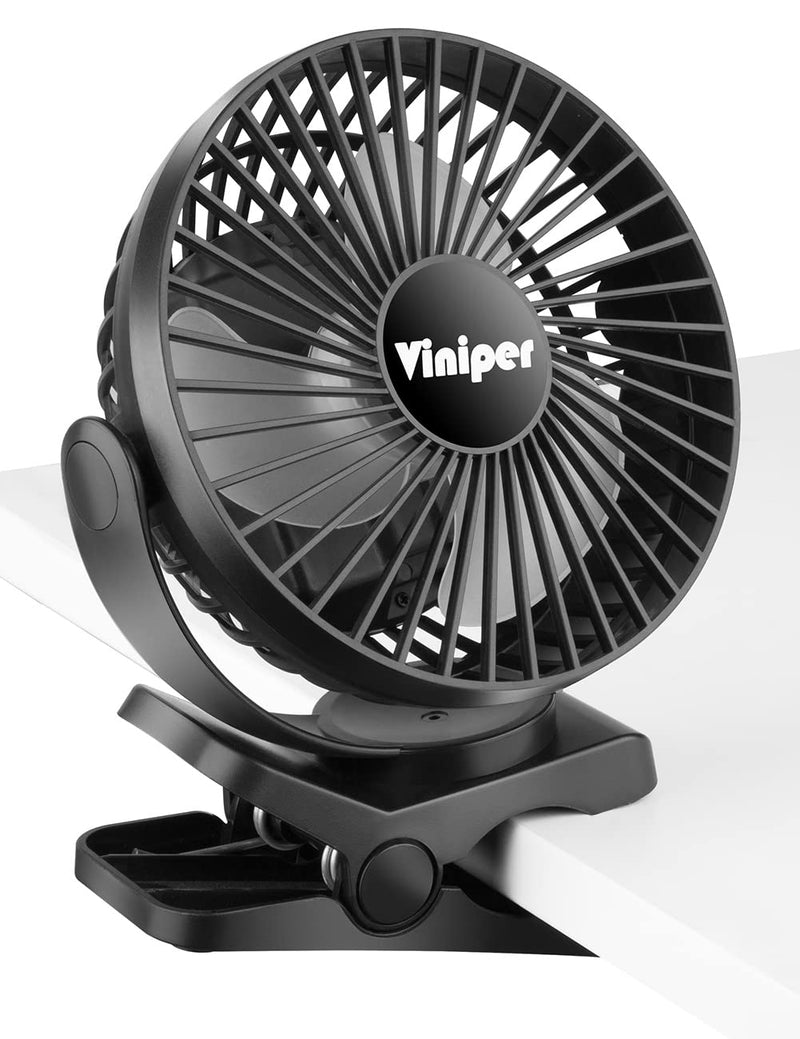 Viniper 6 inch Rechargeable Clip on Fan, 5000mah Battery Desk Fan : 360° Rotation & 3 Speeds Strong Wind Portable Fan, 8-30 Working Hours, Quiet and Powerful (Black) Black 5000mah Clip fan