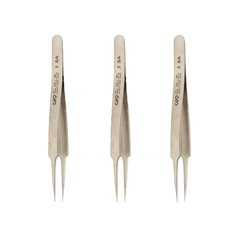 Hakko CHP 5-SA Stainless Steel Non-Magnetic Precision Tweezers with Thin Tapered Sharp Tips, 4-1/4" Length (3 Pack)