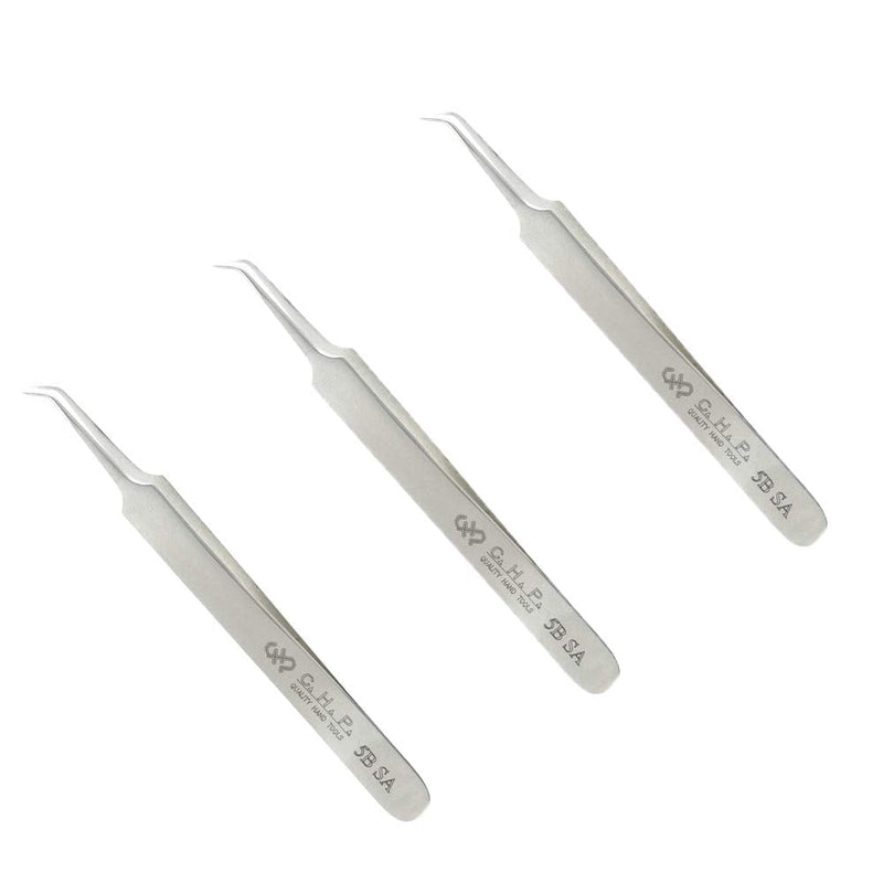 Hakko CHP 5B-SA Stainless Steel Non-Magnetic Precision Tweezers with Very-Fine Point Thin-Tapered Bent Sharp Tips, 4-1/4" Length (3 Pack)