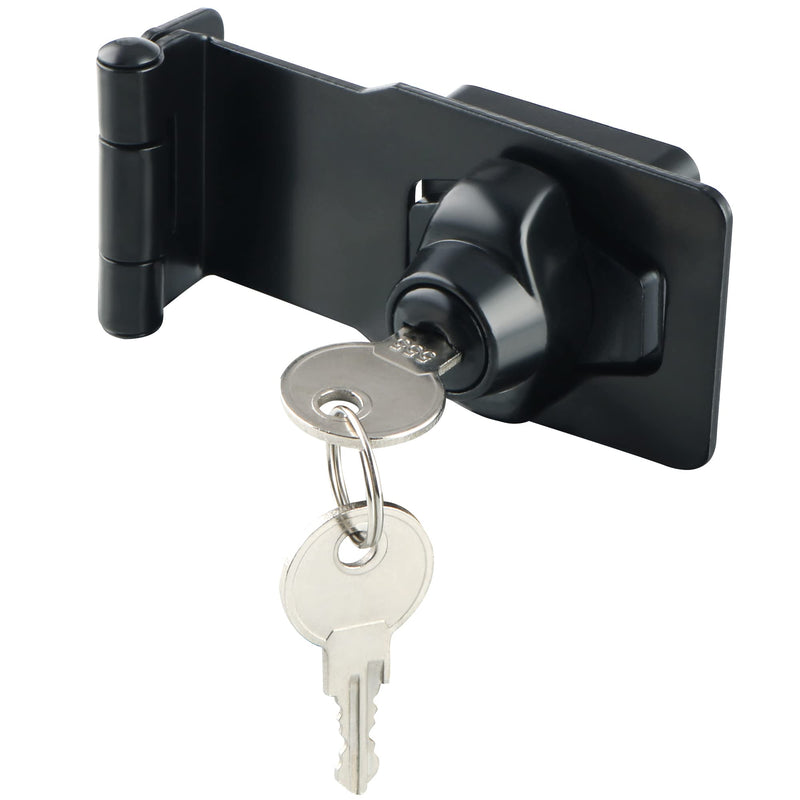 Alise Keyed Hasp Lock Right Angle 90°,4 Inch Safety Packlock Clasp Hasp Lock Latch with Lock, Black Door Hinge Lock with Keys Keyed Locking Hasp for Cabinets Closets Doors 4 Inch