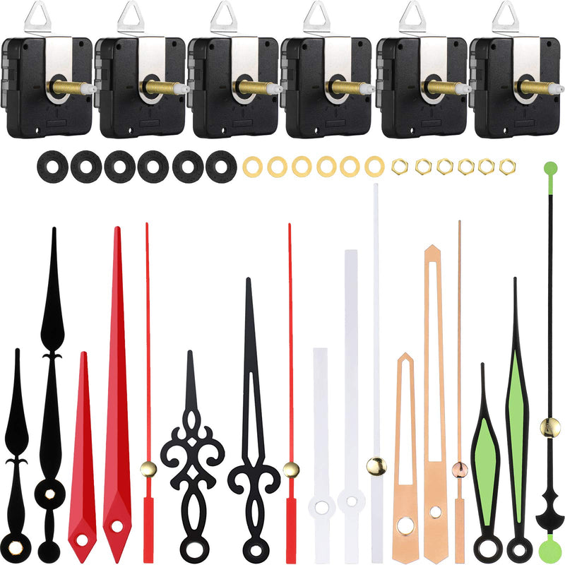 6 Pieces High Torque Long Shaft Clock Movement Mechanism with Pasters, Hooks and 6 Different Pairs of Hands Clock Repair Parts Replacement (28 mm/ 1.10 Inches) 28 mm