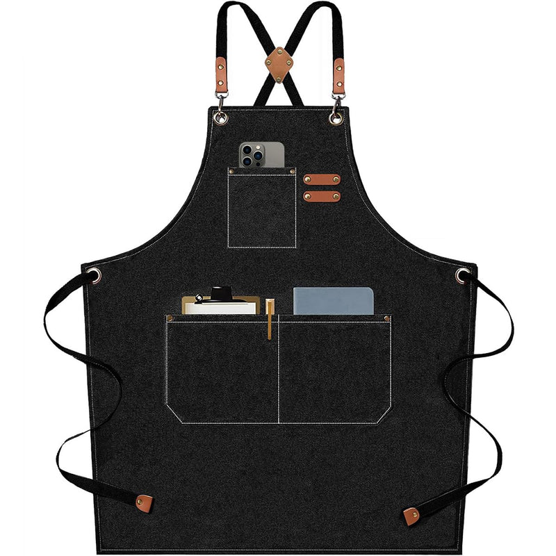 AFUN Chef Aprons for Men Women with Large Pockets, Cotton Canvas Cross Back Heavy Duty Adjustable Work Apron, Size M to XXL (Black) Black