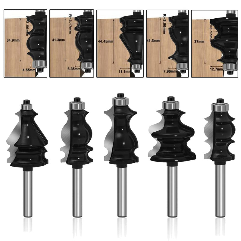 LEATBUY Router Bit Set Architectural Molding 5 PCS 1/4 Inch Shank , Corner Rounding Edge Rail Stile Wood Router Bits Sets, Woodworking Milling Cutter Tool, Door Cabinet Shelf Carbide CNC Router(5)
