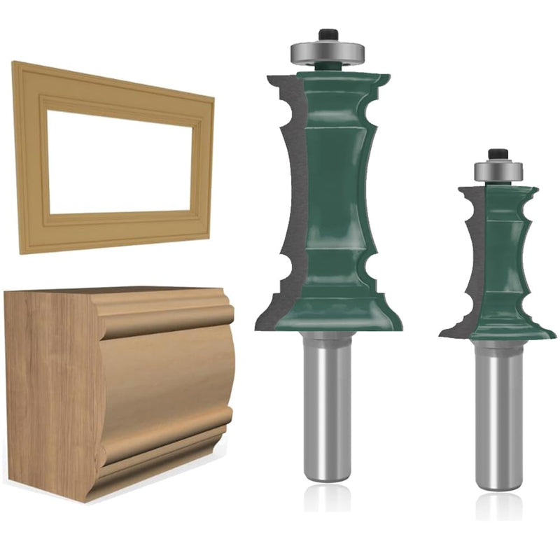 OLETBE 2 PCS Router Bit Set 1/2-Inch Shank Woodworking Wood Molding Cutter Mitered Panel Cabinet Door Router Bits Sets Woodwork Router Cutting Tools Picture Frame Router Bits(Steel) STEEL