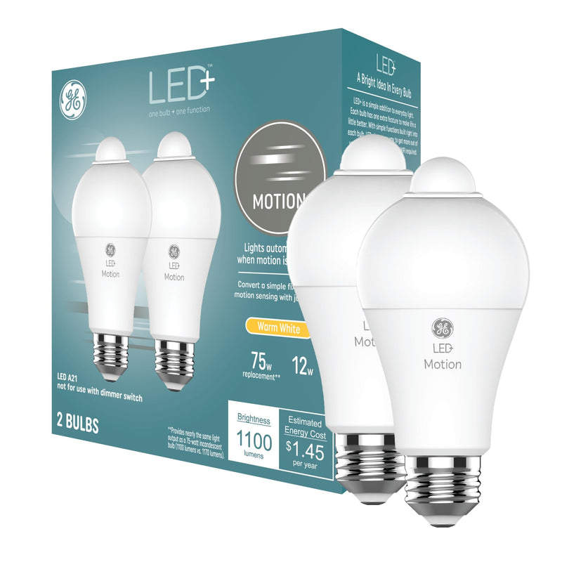 GE LED+ Motion Sensor LED Light Bulbs, 12W, Outdoor Security Lights, A21, Warm White (2 Pack) 2 Bulbs