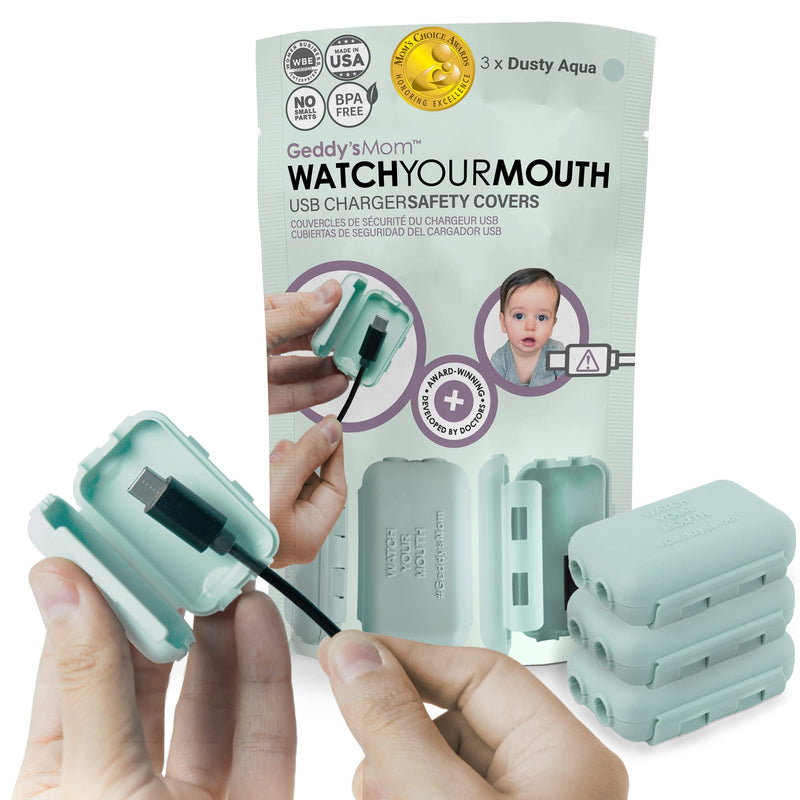 Watch Your Mouth Baby Proof Cord Cover | Award-Winning USB Charger Cover for Baby Proofing Cords | BPA & Phthalate-Free Charger Cover Protector | Electrical Safety Baby Products, (3-Pack, Dusty Aqua) 3/Pack